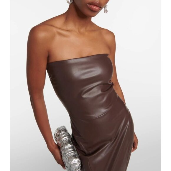 NWT Norma Kamali Strapless Faux Leather Fishtail Gown Chocolate Brown Size L - Picture 4 of 16